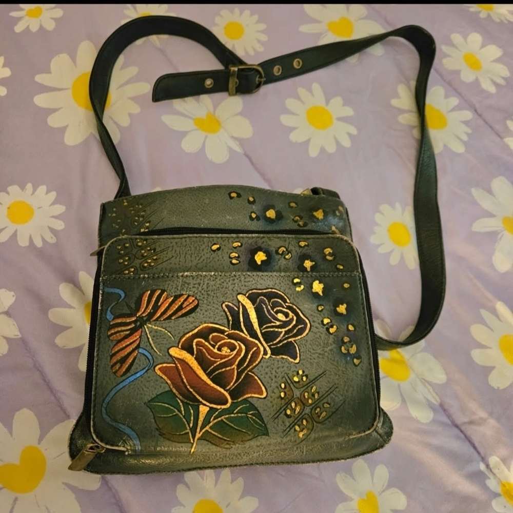 Anuschka By Anna Hand-Painted Gray Floral Leather Slim Crossbody Bag